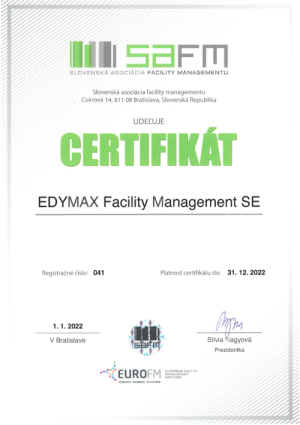 SAFM Certifikát EDYMAX Facility Management SE